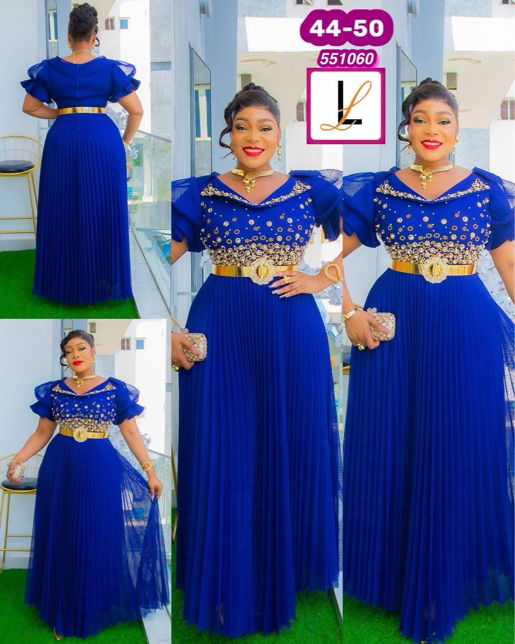 Liza Line Royal Blue & Gold Embellished Pleated Maxi Dress