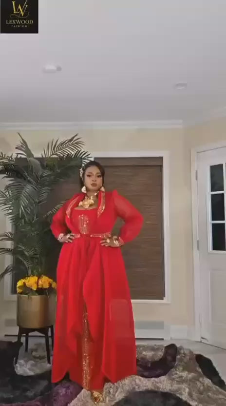 Lexwood Fashion Vibrant Red Rhinestone Embellished Robe Set