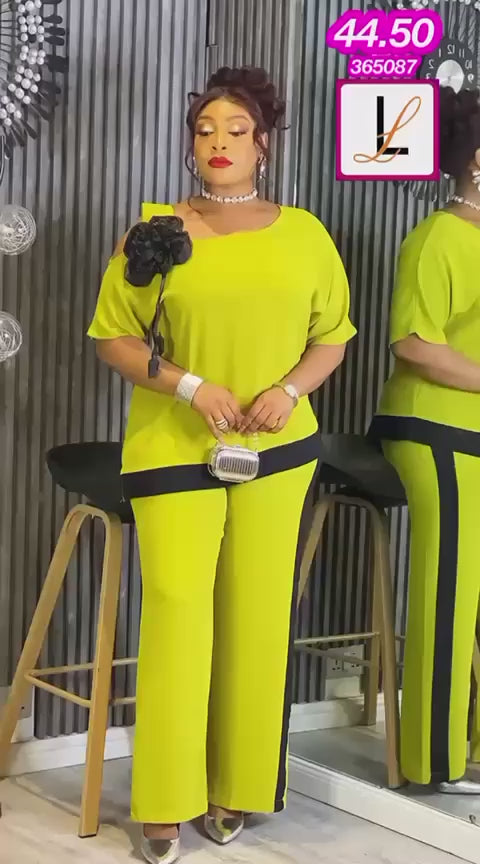 Liza Line Chartreuse & Black Floral Applique Pant Set